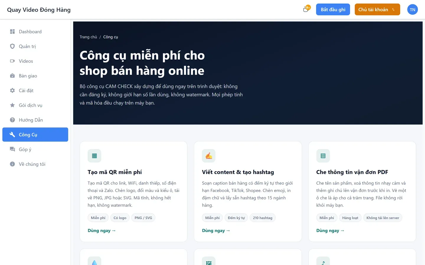 Trang công cụ miễn phí trong ứng dụng gồm tạo mã QR, viết content và tạo hashtag, che thông tin vận đơn PDF