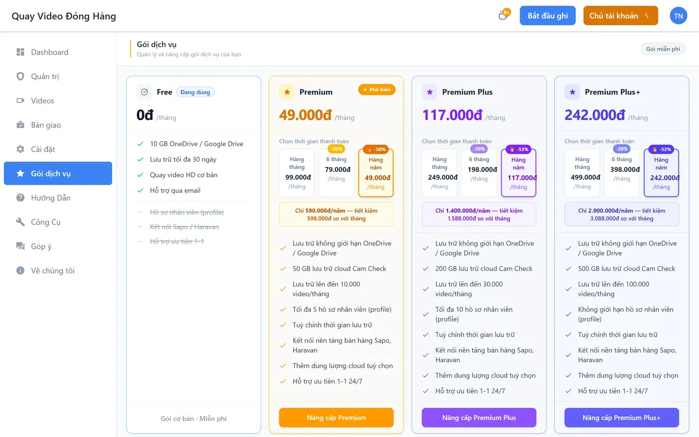 Bảng bốn gói dịch vụ Free, Premium, Premium Plus và Premium Plus cộng với giá theo tháng, sáu tháng và theo năm