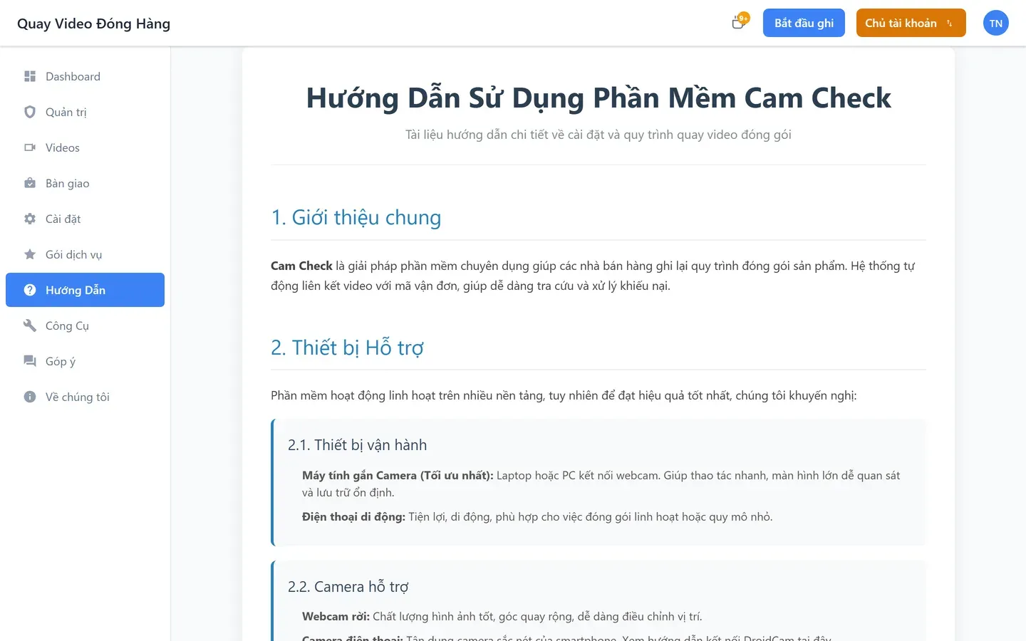 Trang hướng dẫn sử dụng trong ứng dụng, phần thiết bị hỗ trợ khuyến nghị cấu hình máy tính và loại camera
