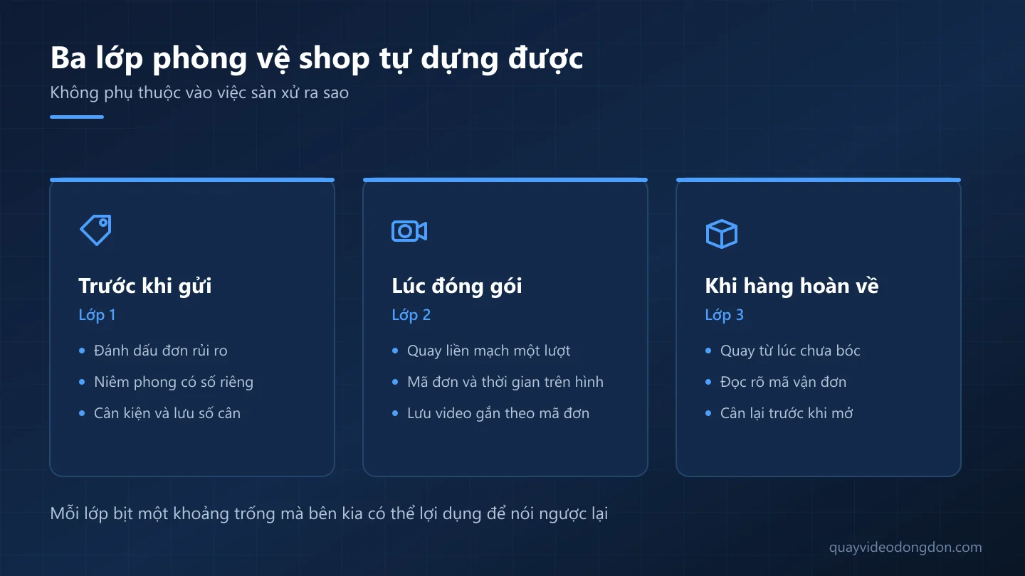 Ba lớp phòng vệ cho shop: trước khi gửi, lúc đóng gói và khi hàng hoàn về, mỗi lớp gồm ba việc cụ thể
