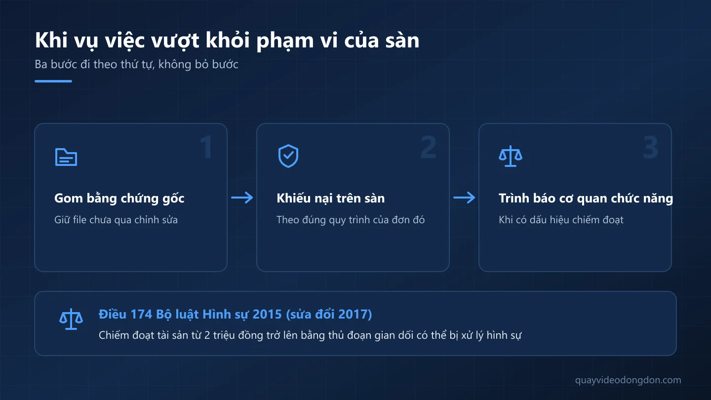 Ba bước xử lý theo thứ tự khi bị lạm dụng chính sách hoàn tiền và ghi chú về Điều 174 Bộ luật Hình sự