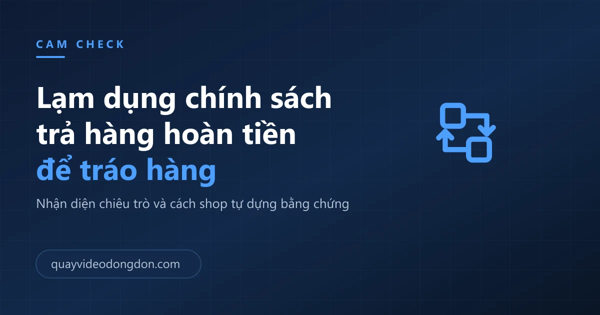 Ảnh bìa nền xanh navy với dòng chữ lạm dụng chính sách trả hàng hoàn tiền để tráo hàng và hình hai khối vuông đổi chỗ cho nhau