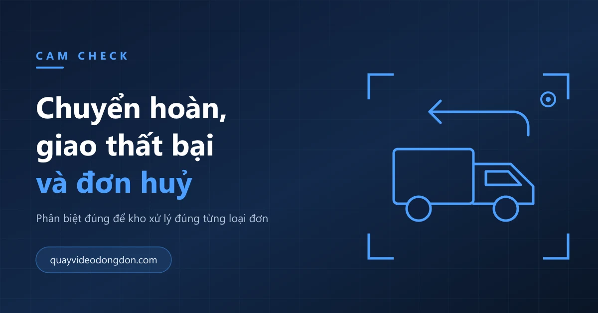 Ảnh bìa bài viết phân biệt đơn chuyển hoàn, giao thất bại và đơn huỷ, nền xanh navy với hình xe tải giao hàng và mũi tên quay đầu