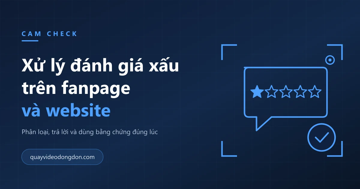 Ảnh bìa bài viết xử lý đánh giá xấu của khách, nền xanh navy với khung bình luận năm ngôi sao chỉ tô một sao và dấu xác nhận