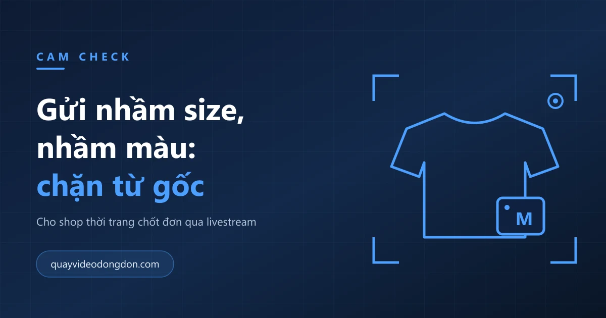 Ảnh bìa bài viết về gửi nhầm size, nhầm màu ở shop thời trang livestream, nền xanh navy với hình chiếc áo và nhãn size M